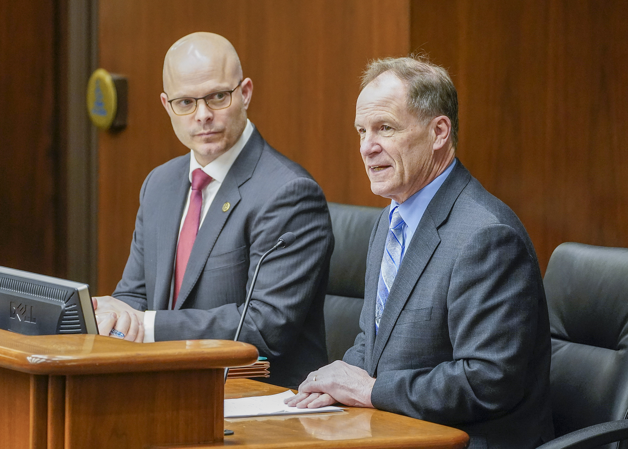 Revenue Commissioner Paul Marquart testifies March 22 during discussion of the House Property Tax Division’s report. Rep. Dave Lislegard, left, is the division chair. (Photo by Andrew VonBank)